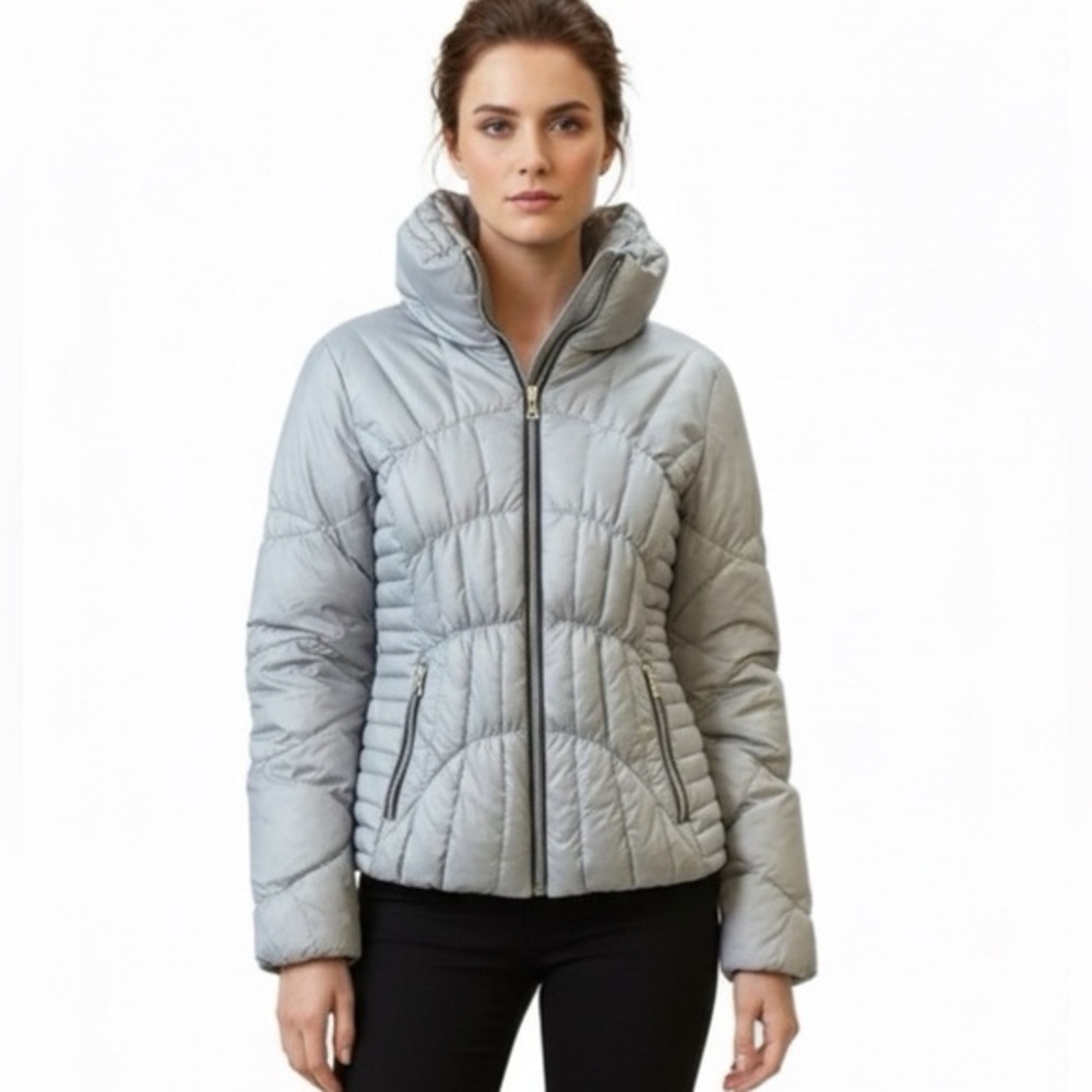 Guess Down Fitted Puffer Coat Winter Jacket Waist Length Silver/Grey S